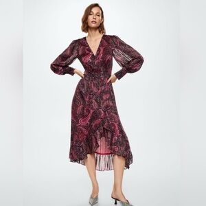 Mango Red and Black Ruffled Wrap Dress with Bishop Sleeves